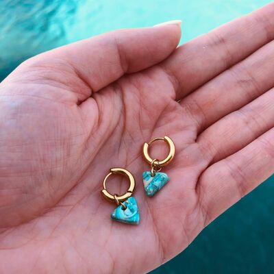 Turquoise Triangle Huggies - Long-lasting Gold Thick Hoop Earrings - Polymer Clay Handmade Earrings - Minimalistic & Unique Jewelry