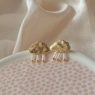 Boho Handmade Stud Earrings - 18k Gold plated Cloud shapped Earrings with Miyuki beads - Unique Studs - Cloud Earrings - Cloud & Rain Studs