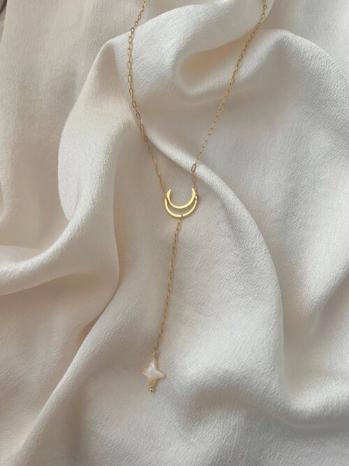 Dainty Moon and Star Lanyard Necklace - 24k Gold Moon Pendant & Stainless Steel Paper clip chain Necklace with Mother of Pearl Star Pendant
