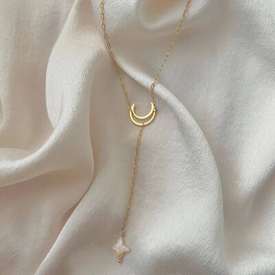 Dainty Moon and Star Lanyard Necklace - 24k Gold Moon Pendant & Stainless Steel Paper clip chain Necklace avec Mother of Pearl Star Pendant