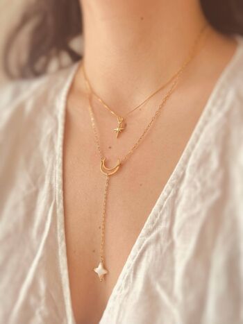 Dainty Moon and Star Lanyard Necklace - 24k Gold Moon Pendant & Stainless Steel Paper clip chain Necklace avec Mother of Pearl Star Pendant 3