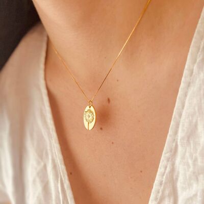 Dandelion Pendant Necklace - 18k Gold & 925 Sterling Silver chain Necklace with Cubic Zirconia - Gold Flower Necklace
