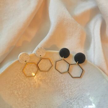 Boucles d'oreilles Gold Hexagon Dangle - Boucles d'oreilles en acier inoxydable en argile polymère en or - Minimalistes et élégantes 3
