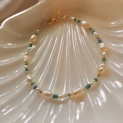 Dainty Freshwater Pearl Aquamarine Bracelet - Stainless Steel Findings - Romantic and Unique