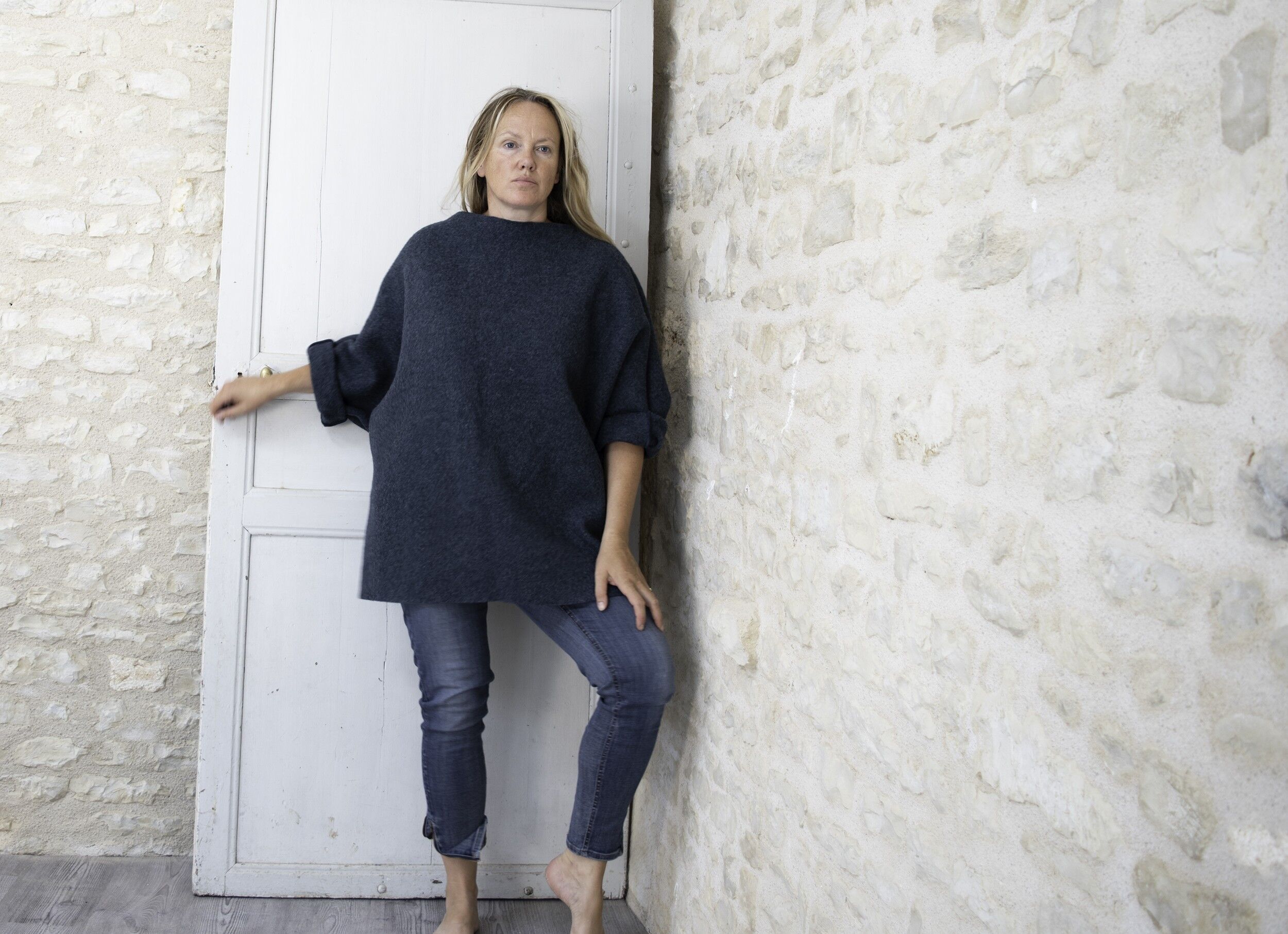Petrol blue boiled wool jumper