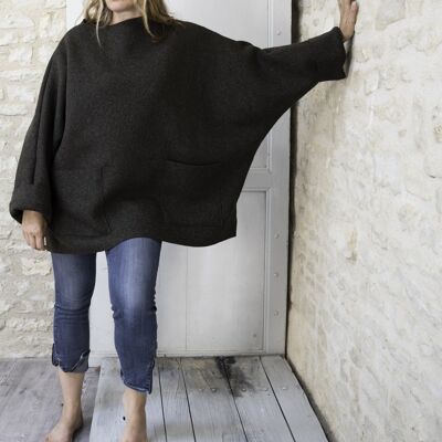 Khaki pull poncho avec poches en laine bouillie