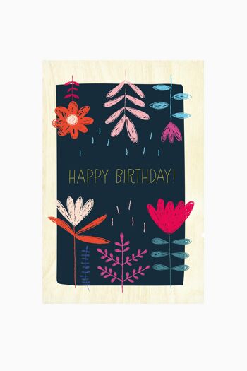 Carte en bois Happy Birthday, Flower Power 2