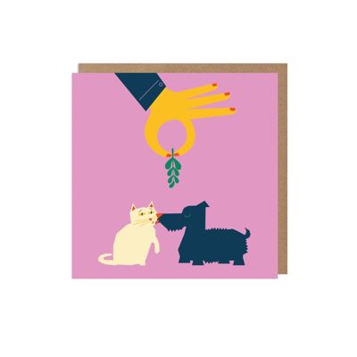 Cartolina di Natale con cane e gatto vischio