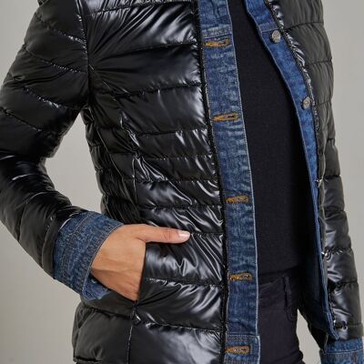 Short mixed-material denim padded jacket Black