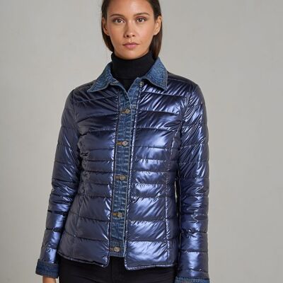 Short bi-material denim padded jacket in navy blue metal