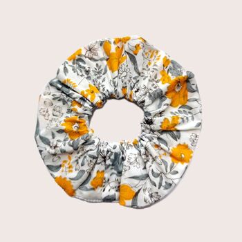 Chouchou AMANDINE / coton blanc à fleurs grises et jaunes 3