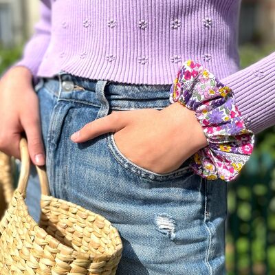 PAOLA scrunchie / purple and yellow flower print cotton