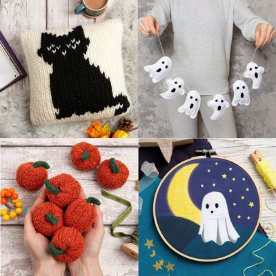 Halloween Craft Kits - Knitted Cushion Cover Kit, Knitted Pumpkins Kit, Embroidery Kit + Felt Bunting Kit