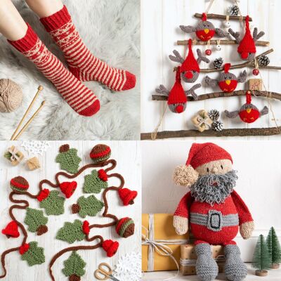 Weihnachts-Bastelset-Kollektion – gestricktes Weihnachtsmann-Set, Weihnachtskugeln-Strickset, Girlanden-Strickset + gestricktes Socken-Set