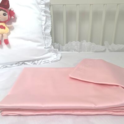 Completo lenzuola per bambini tinta unita 100% raso di cotone - rosa - 100x135+40x60