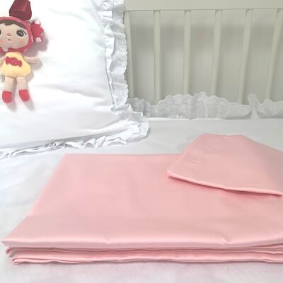 Completo lenzuola per bambini tinta unita 100% raso di cotone - rosa - 100x135+40x60