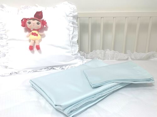 Kinder Bettwäsche Set Uni Farbe 100% Baumwolle Satin - Blau - 100x135+40x60