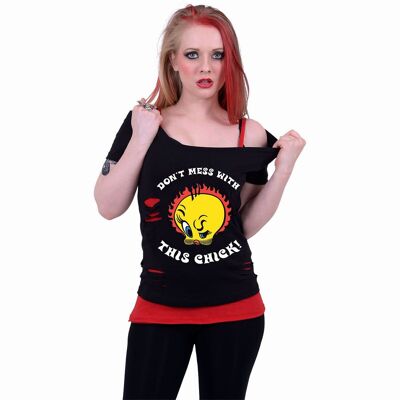 TWEETY - TOUGH CHICK - 2 en 1 Top rojo rasgado negro