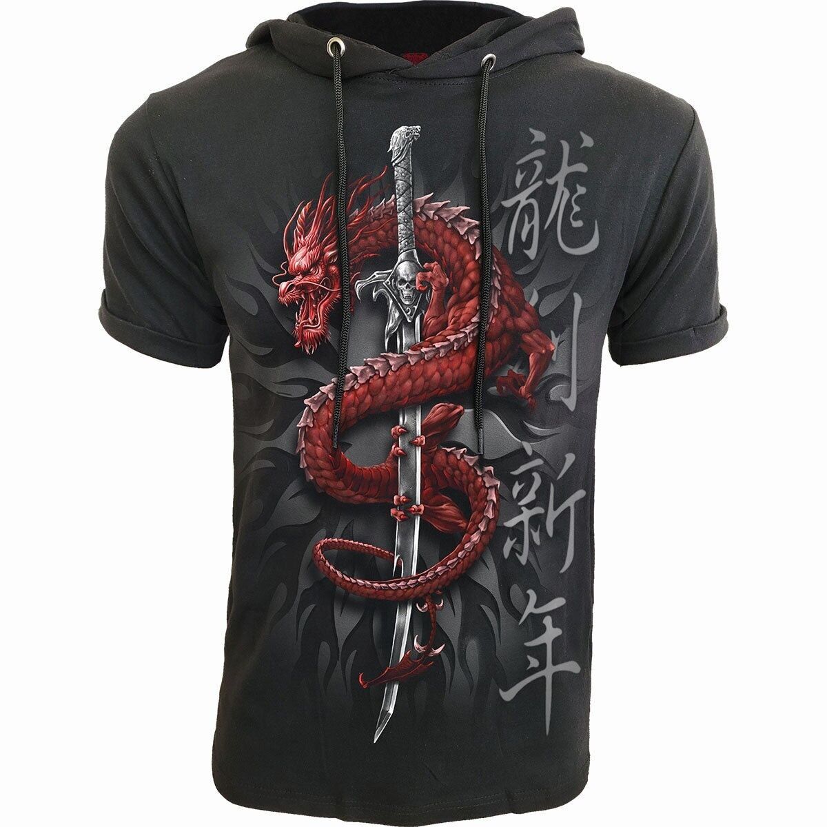 ORIENTAL DRAGON - T-shirt in cotone pregiato Felpa con cappuccio nera