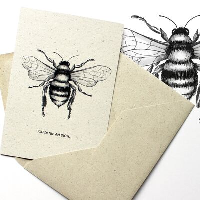 Carte de voeux en papier d'herbe, abeille sauvage