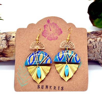 Halbkreis-Ohrringe Blaues Harz aus Bombay-Indianerpapier und goldenes Dreieck aus Metall