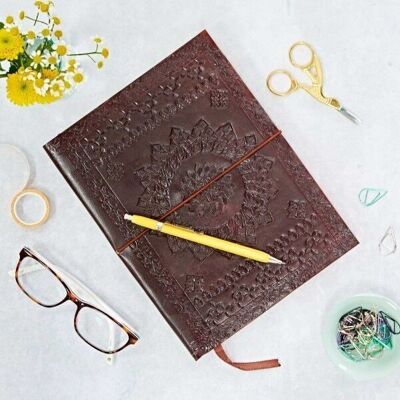 Large Chocolate Embossed Leather Notebook