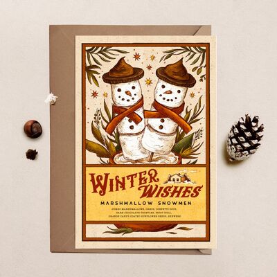 Carte postale bonhommes de neige guimauve