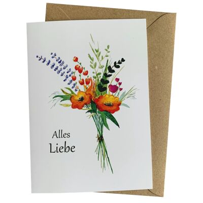 Tarjeta de cumpleaños con ramo de flores para mujer: "Todo lo mejor" de Herzfunkeln
