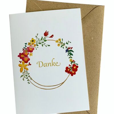 Dankeskarte mit Blumenkranz: Danke sagen mit Dankeschön Karte von Herzfunkeln