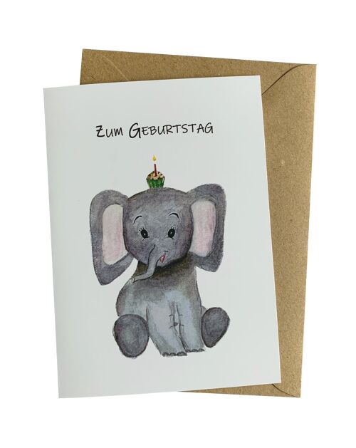Geburtstagskarte für Kinder mit süßem Elefant "Zum Geburtstag" von Herzfunkeln