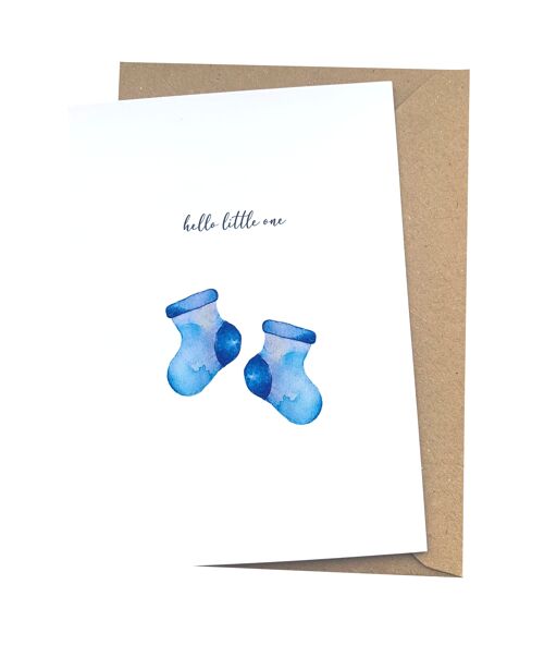 Glückwunschkarte zur Geburt für Jungen mit blauer Baby-Socke von Herzfunkeln