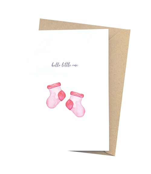 Glückwunschkarte zur Geburt für Mädchen mit rosa Baby-Socke von Herzfunkeln