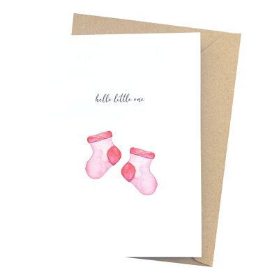 Birth congratulations card for girls with pink baby socks by Herzfunkeln