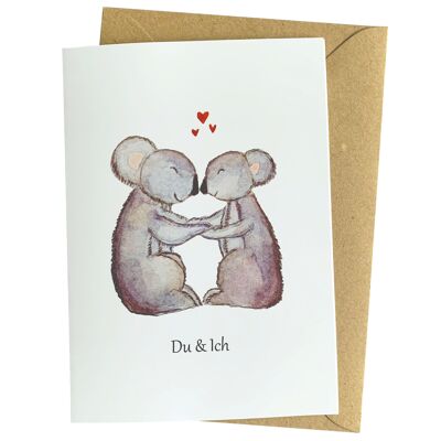 Tarjeta de amor "Tú y yo" con osos koala enamorados de Herzfunkeln