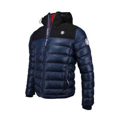 Nautical heritage navy blue bi-material hooded down jacket