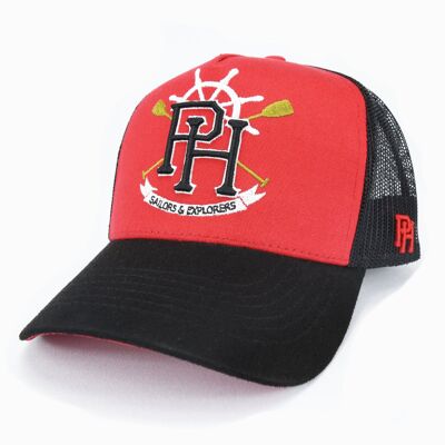 Black and red suede sailors and explorers trucker cap