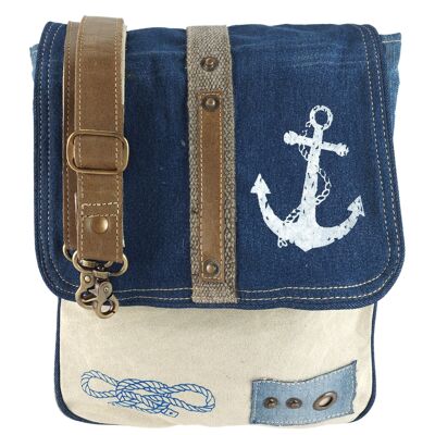 Sunsa Messenger Tasche aus recycelter Jeans & Canvas. Nachhaltige Umhängetasche mit Maritim Motiv