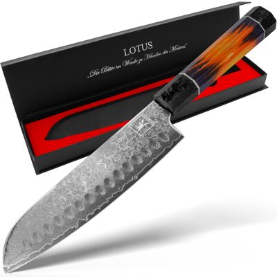 Couteau KEMP&ECKE® Santoku Damascus Couteau de cuisine Lotus avec lame japonaise en acier Damas VG10 67 couches de 18 cm avec manche en érable