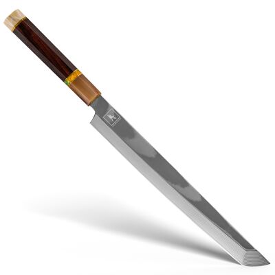 KEMP&ECKE® Crane Sakimaru Tako Hiki, couteau Yanagiba 11 pouces / 27,2 cm avec manche en corne de buffle et 33 couches d'acier Damas