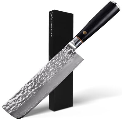 KEMP&ECKE® Vegeta damask knife Japanese Nakiri knife 18cm 7 inches with VG10 67-layer steel and black wooden handle