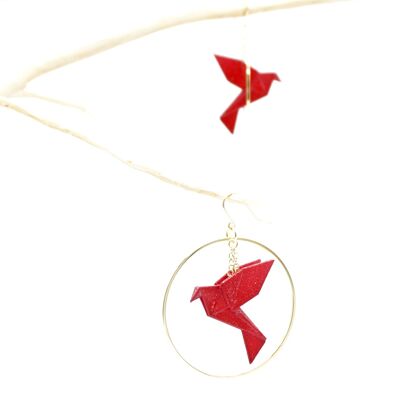 BIRDY Origami Bird earrings RED small golden hoop