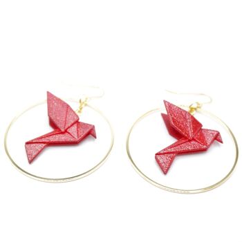 Boucles d'oreilles oiseau Origami Jaune deux créoles dorées