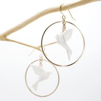 Boucles d'oreilles BIRDY Oiseau Origami WHITE petite créole dorée 1