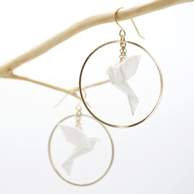 BIRDY Oiseau Origami WHITE earrings small golden hoop