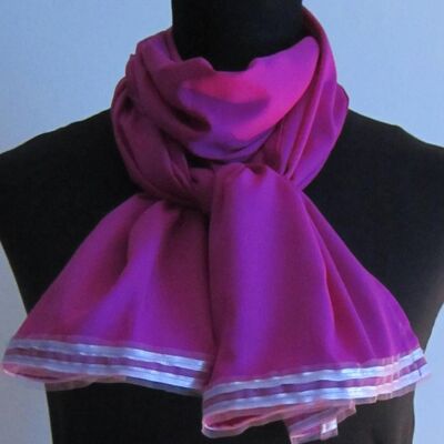 Cerise Crepe Scarf With Lilac Ribbon And Net Trim