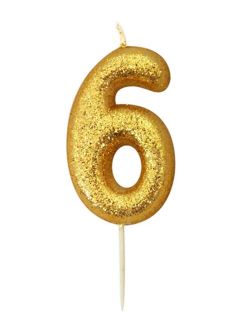 Age 6 Glitter Numeral Moulded Pick Candle Gold