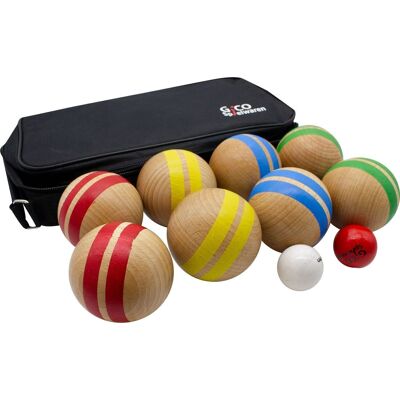 Juego de bochas GICO de madera maciza, rayado con 8 bolas, diámetro 7 cm - 3021