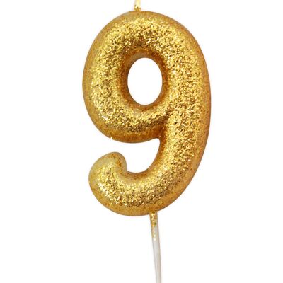 Age 9 Glitter Numeral Moulded Pick Candle Gold