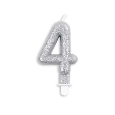 Numero candela glitter argento nr. 4