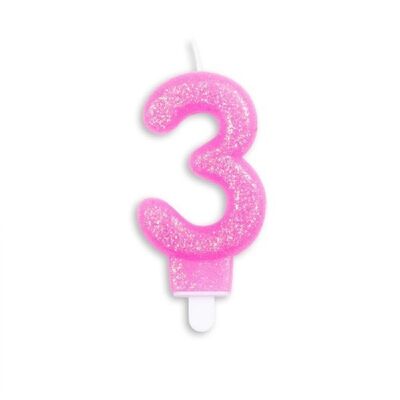 Number candle glitter pink nr. 3